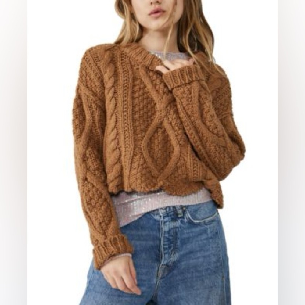 Free People Cutting Edge Cable‎ Knit Cropped Sweater in brown size XS